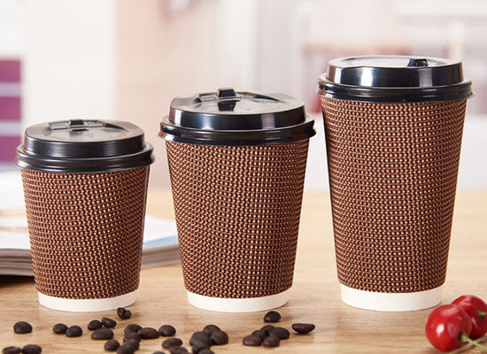 90mm Mouth Three Layers Corrugated Disposable Coffee Cups 16oz