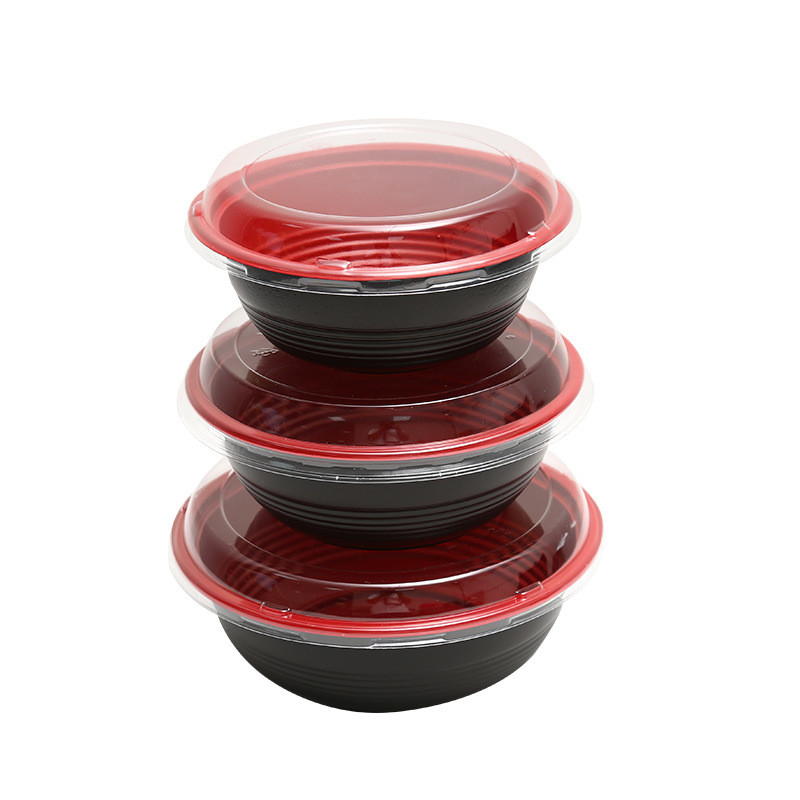Disposable food packaging box Round red plastic thickened fast food box with lid leakproof soup bowl lunch box manufactu