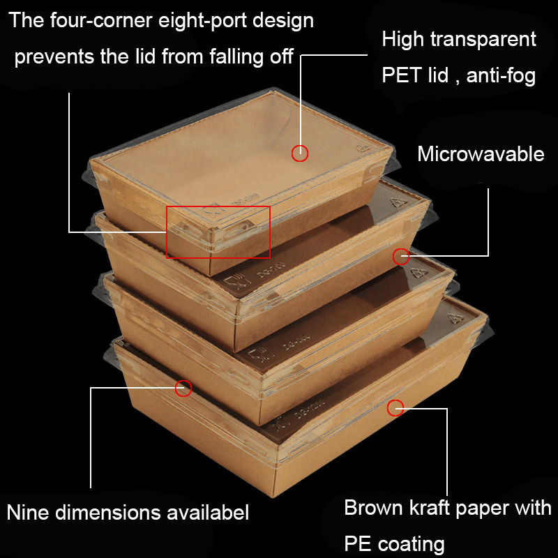 Disposable Brown Kraft Takeaway Lunch Box With PET Lid