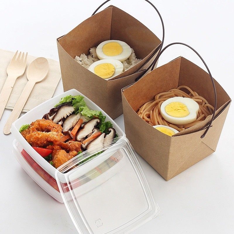 Recycle Kraft Paper Take Away Lunch Noodle Packaging Box With Tray And Handle