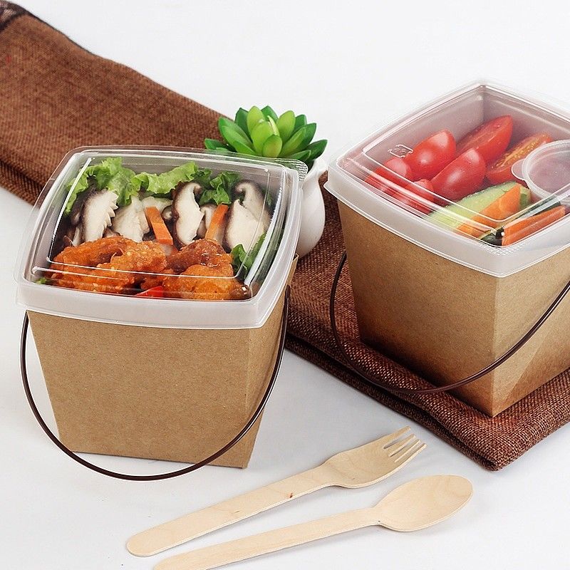 Recycle Kraft Paper Take Away Lunch Noodle Packaging Box With Tray And Handle